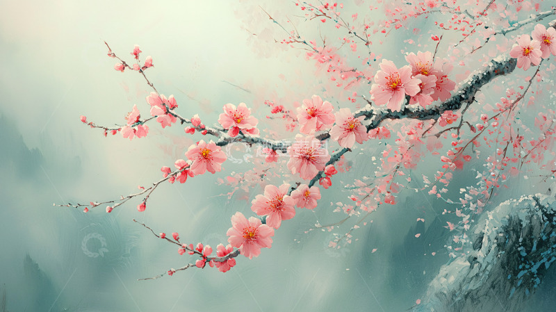 高清大图下载【趣麦麦图】雾气朦胧的粉色樱花枝条