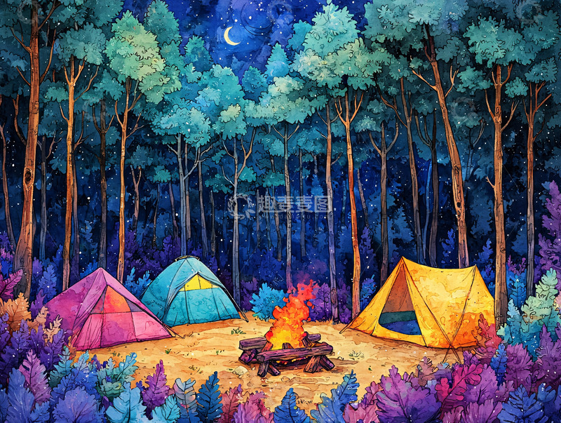 高清大图下载【趣麦麦图】夜间森林露营地
