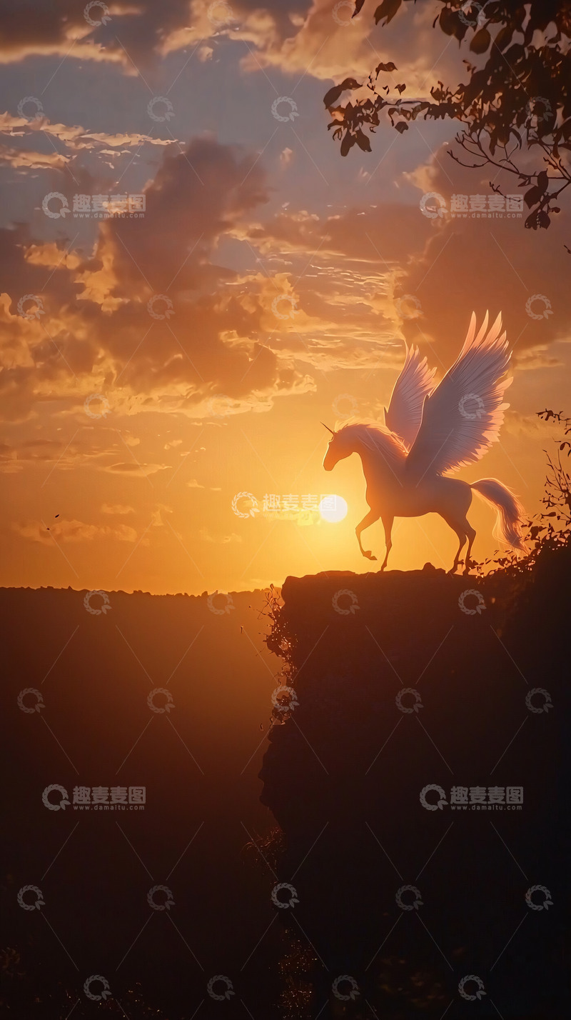 高清大图下载【趣麦麦图】落日余晖下的独角兽