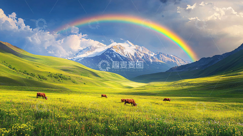 高清大图下载【趣麦麦图】彩虹山川牛群牧场