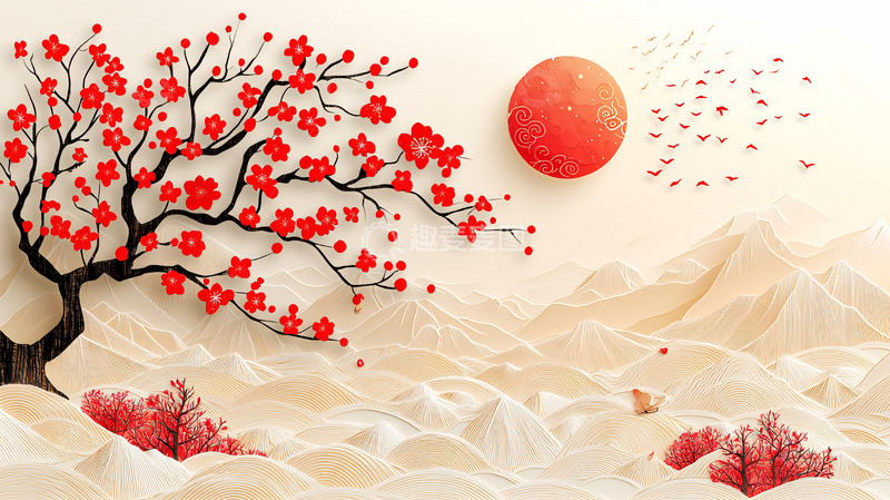 高清大图下载【趣麦麦图】红梅山峦日出图