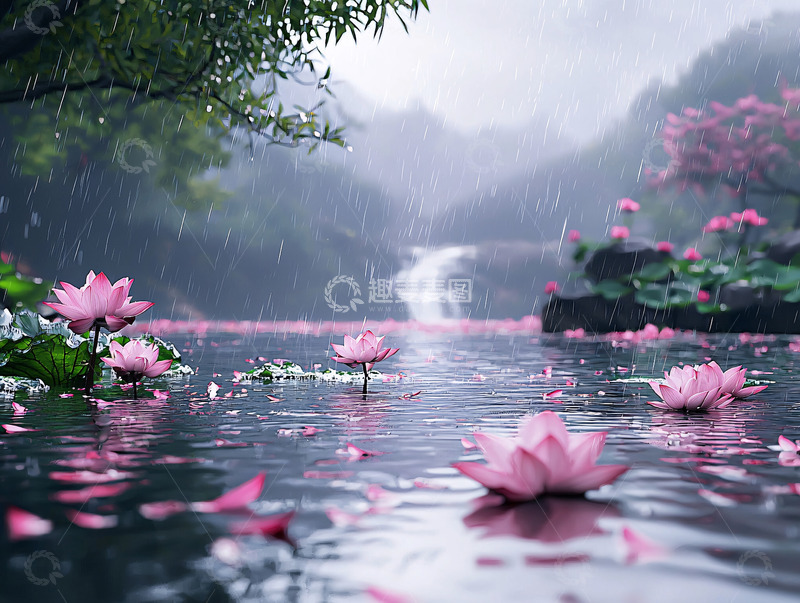 高清大图下载【趣麦麦图】宁静雨中粉色莲花池塘