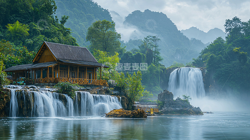 高清大图下载【趣麦麦图】山间小屋瀑布流水