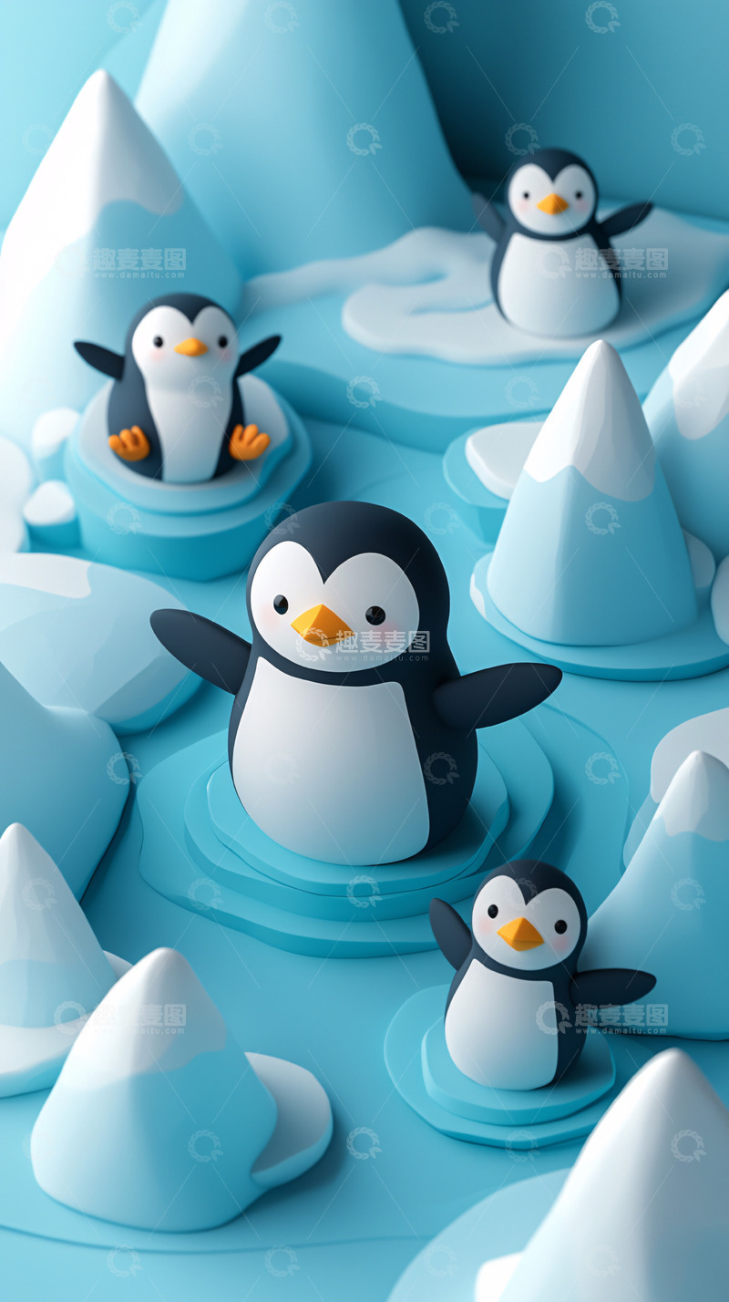 高清大图下载【趣麦麦图】可爱的卡通企鹅冰山背景