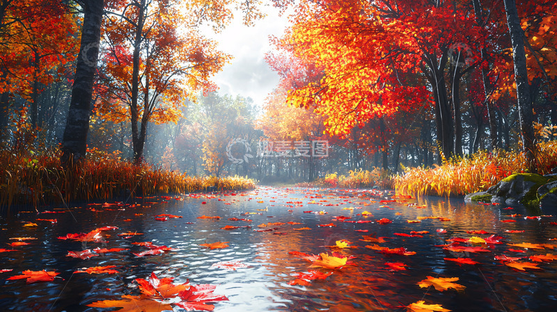 高清大图下载【趣麦麦图】秋日森林河流景色