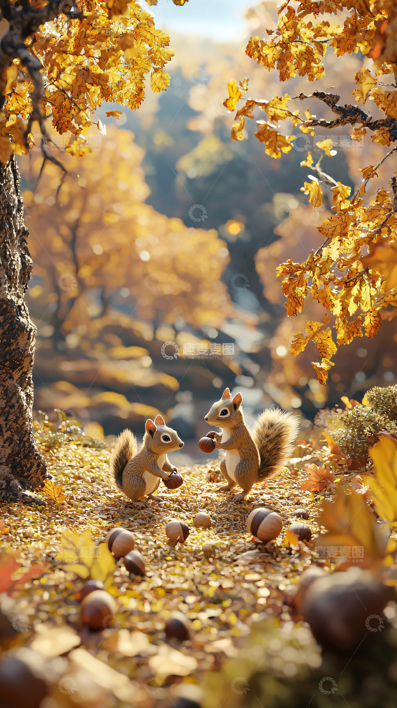 高清大图下载【趣麦麦图】秋日森林小松鼠分享橡子