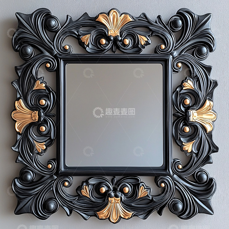 高清大图下载【趣麦麦图】黑色金色雕花方形镜子