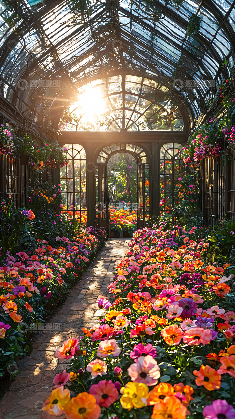 高清大图下载【趣麦麦图】阳光洒进玻璃温室花园