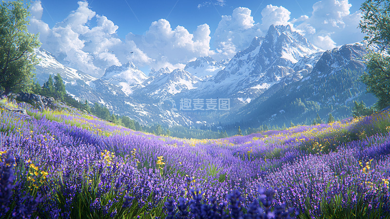 高清大图下载【趣麦麦图】薰衣草田与雪山美景