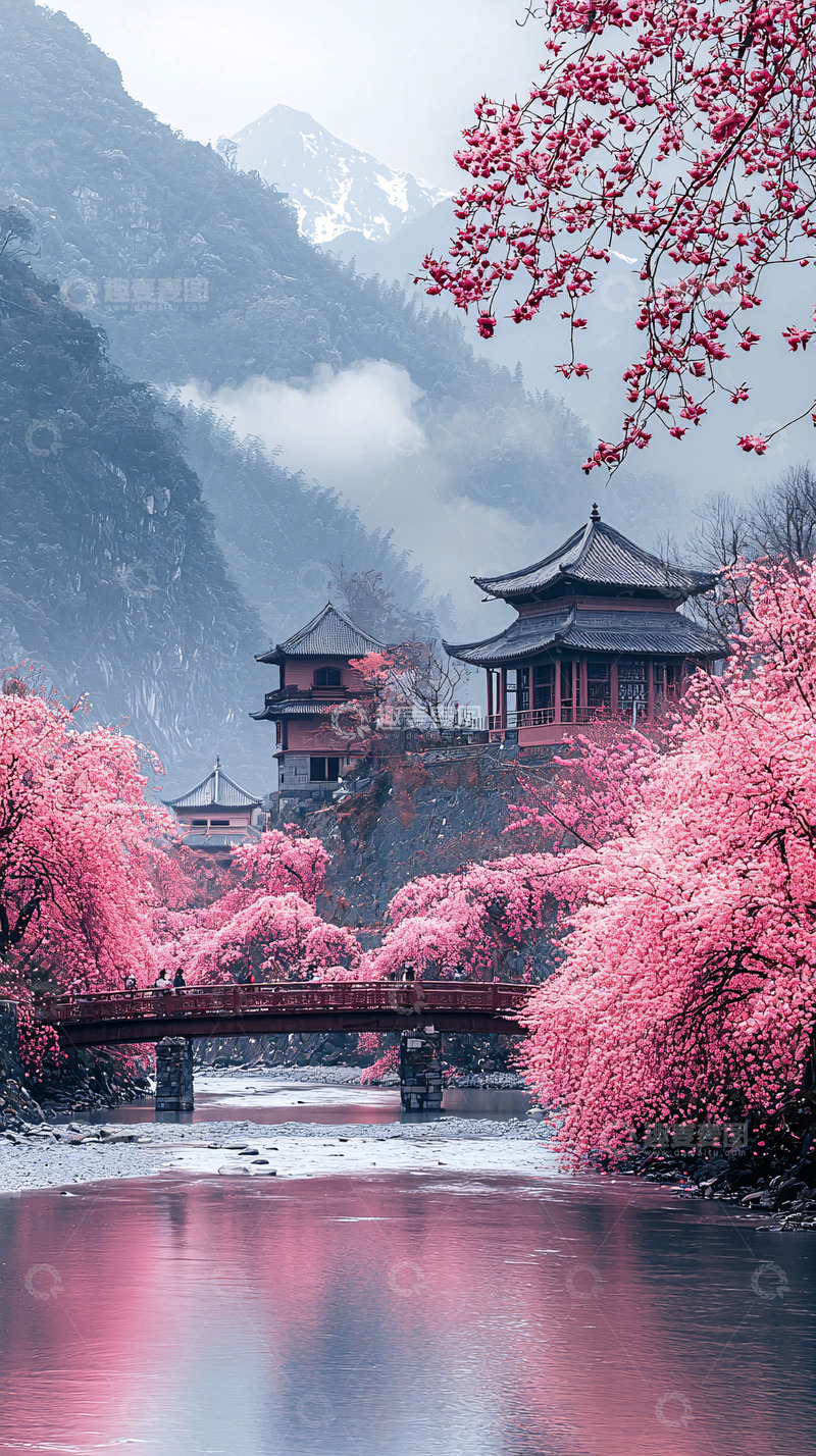 高清大图下载【趣麦麦图】樱花围绕的中国古建筑