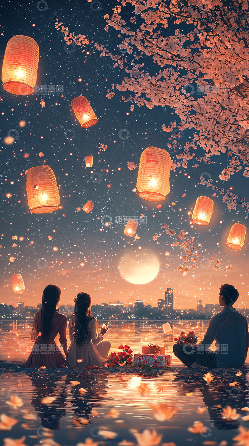 高清大图下载【趣麦麦图】梦幻星空下樱花树旁三人赏月
