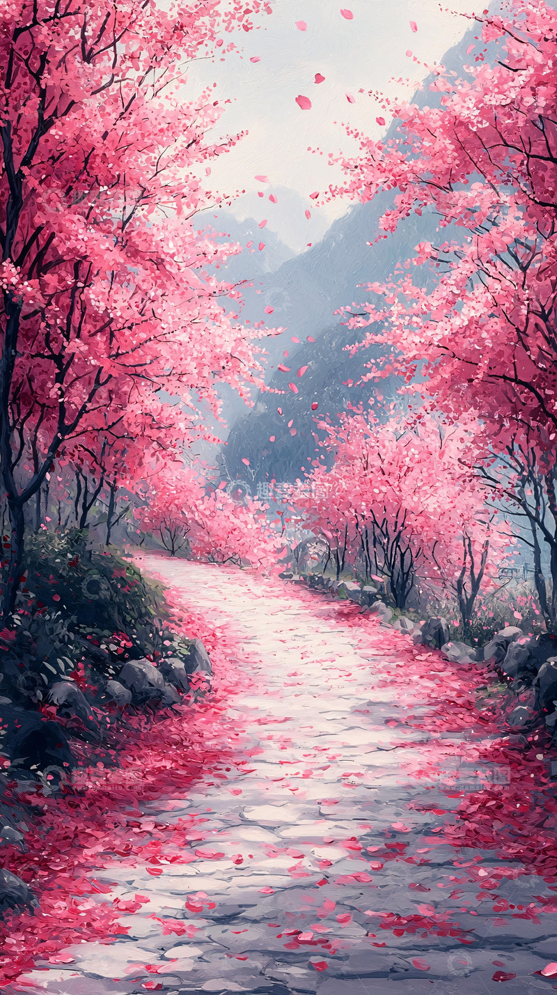 高清大图下载【趣麦麦图】粉色樱花盛开的山路