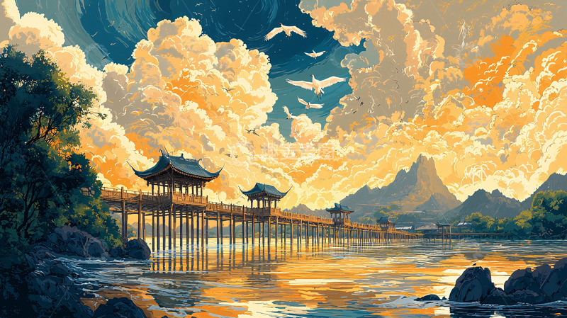 高清大图下载【趣麦麦图】祥云古桥山水画