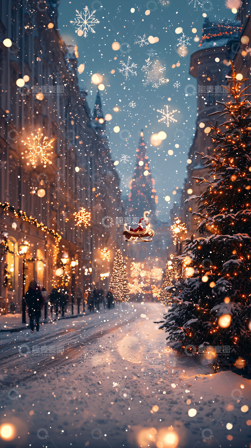 高清大图下载【趣麦麦图】下雪的圣诞节街道夜景