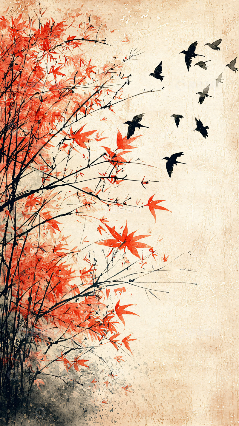 高清大图下载【趣麦麦图】红枫叶水墨画