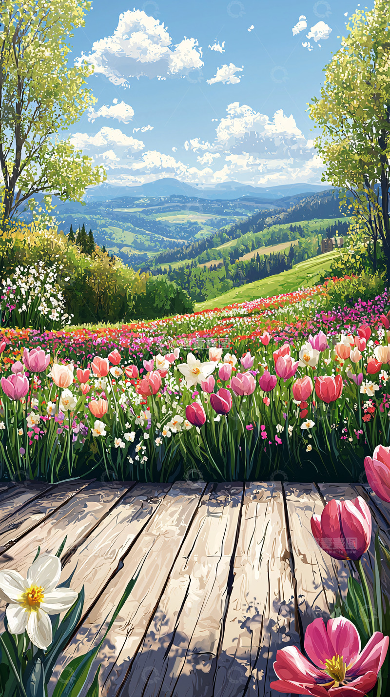 高清大图下载【趣麦麦图】鲜花盛开的山坡美景