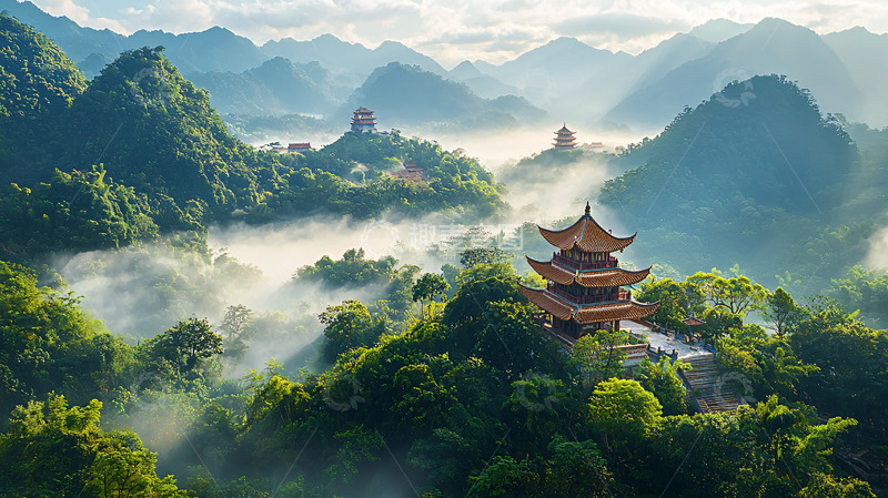 高清大图下载【趣麦麦图】山间寺庙云雾缭绕