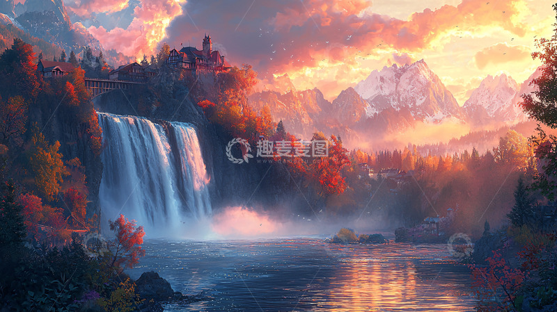高清大图下载【趣麦麦图】梦幻瀑布山谷城堡