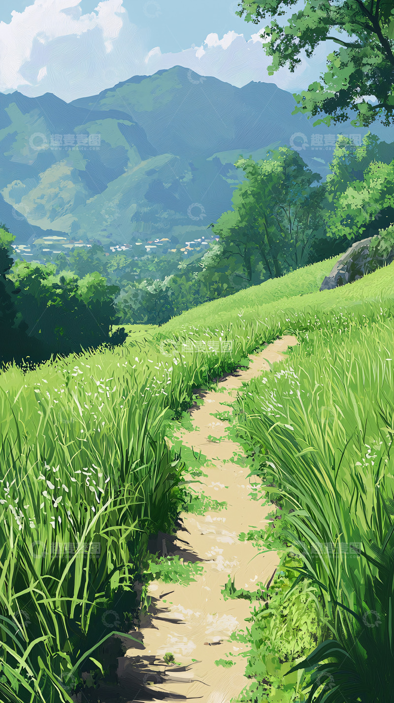 高清大图下载【趣麦麦图】绿草地小路山间风景