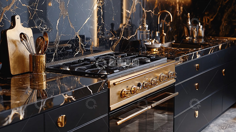 高清大图下载【趣麦麦图】黑色大理石厨房1