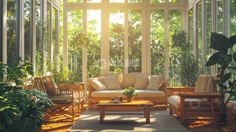 高清大图下载【趣麦麦图】阳光透过玻璃房洒进室内
