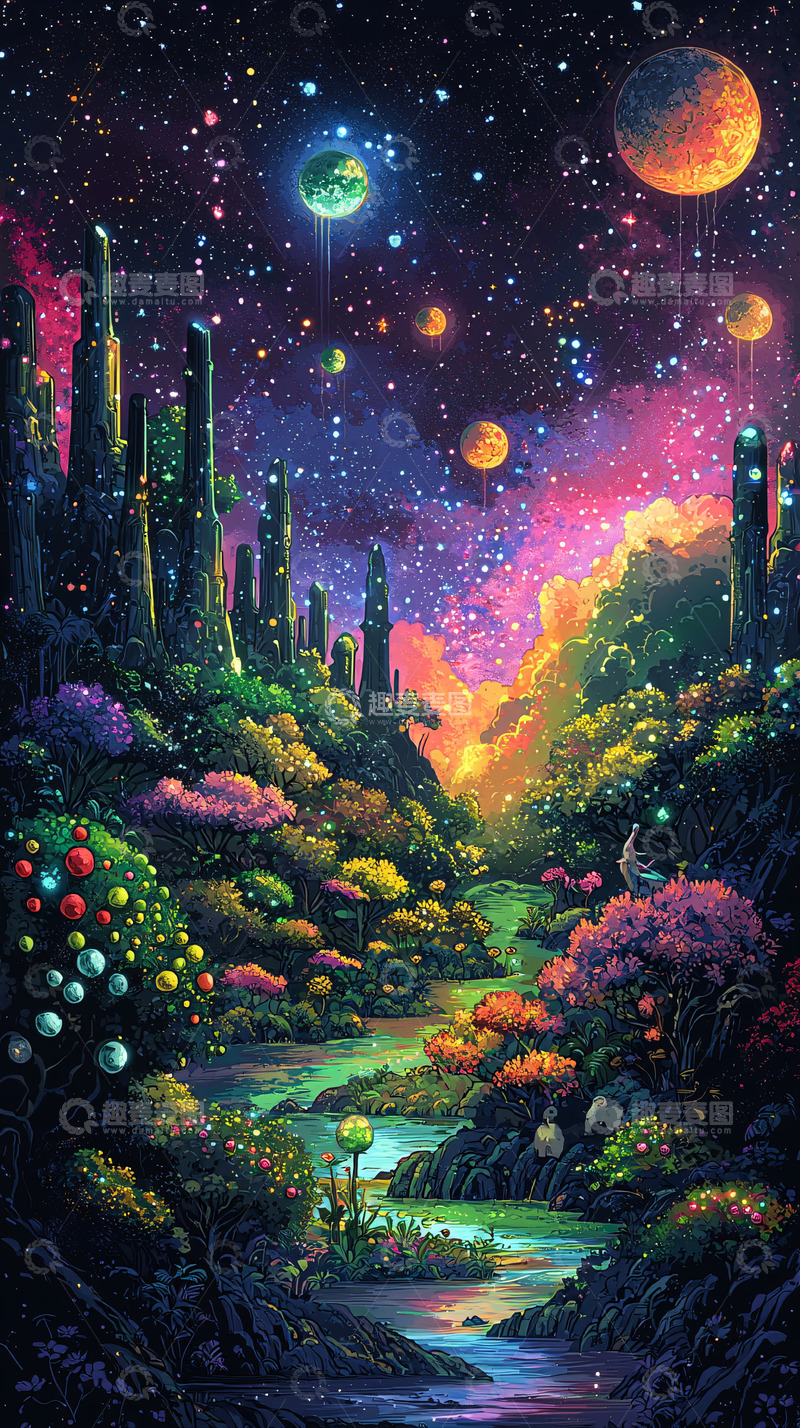 高清大图下载【趣麦麦图】梦幻星空下的城市景观