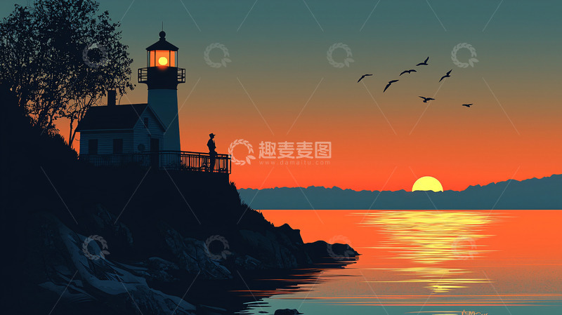 高清大图下载【趣麦麦图】傍晚海边灯塔剪影