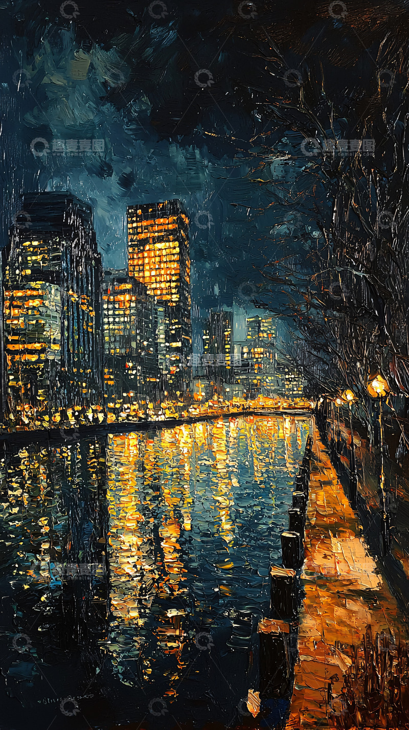 高清大图下载【趣麦麦图】夜景城市河流倒影