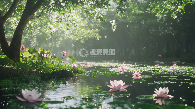 高清大图下载【趣麦麦图】清晨阳光下的荷花池塘