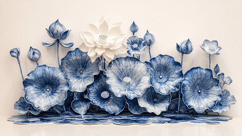 高清大图下载【趣麦麦图】蓝白莲花浮雕壁画