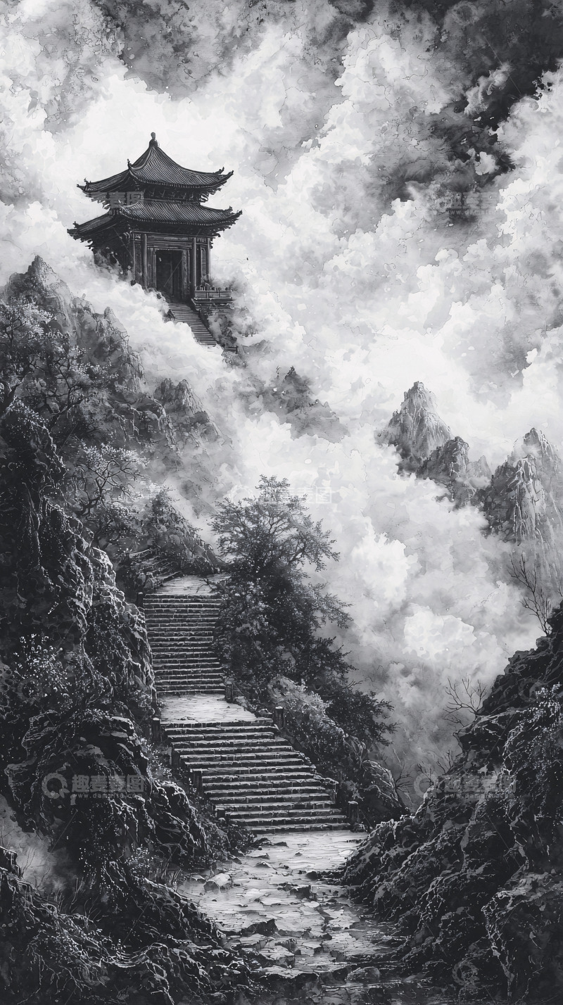 高清大图下载【趣麦麦图】山顶寺庙云雾缭绕的黑白画