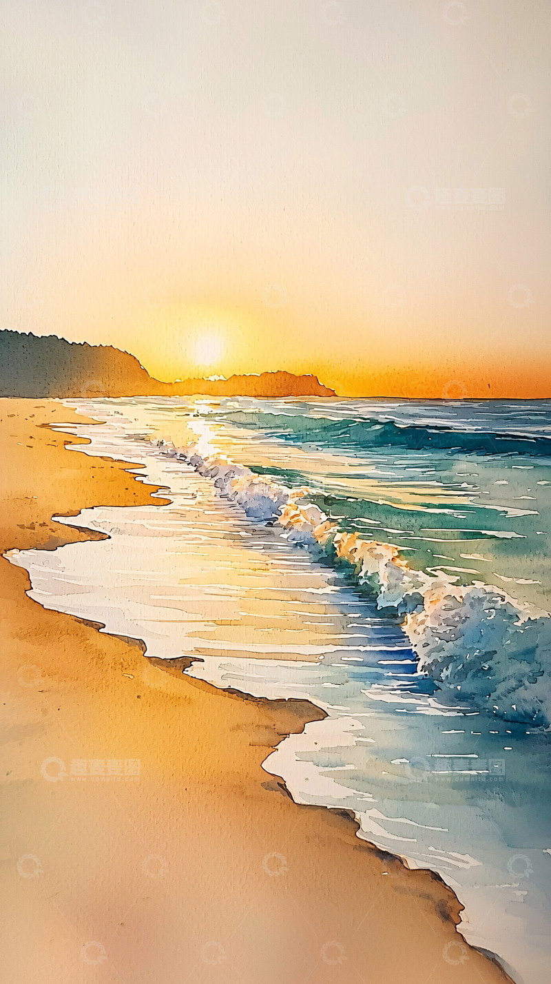 高清大图下载【趣麦麦图】海边日落水彩画风