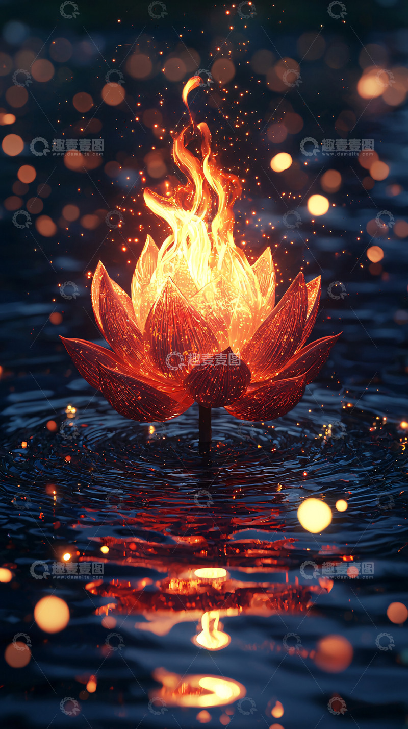 高清大图下载【趣麦麦图】火焰莲花绽放在水面