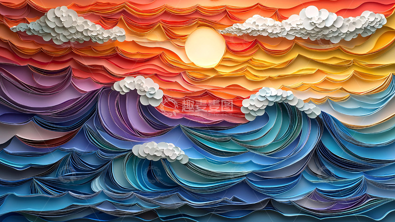 高清大图下载【趣麦麦图】纸艺海浪夕阳风景