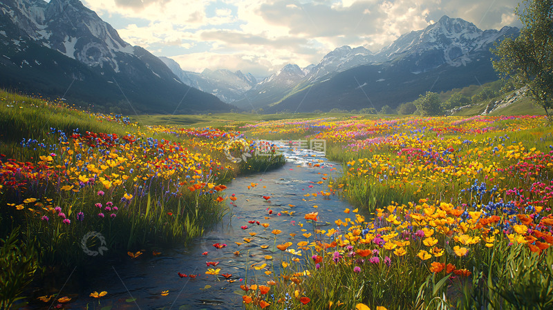 高清大图下载【趣麦麦图】山谷溪流野花盛开