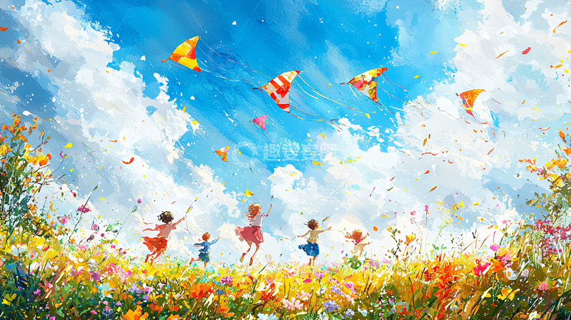 高清大图下载【趣麦麦图】蓝天白云下孩子们放风筝