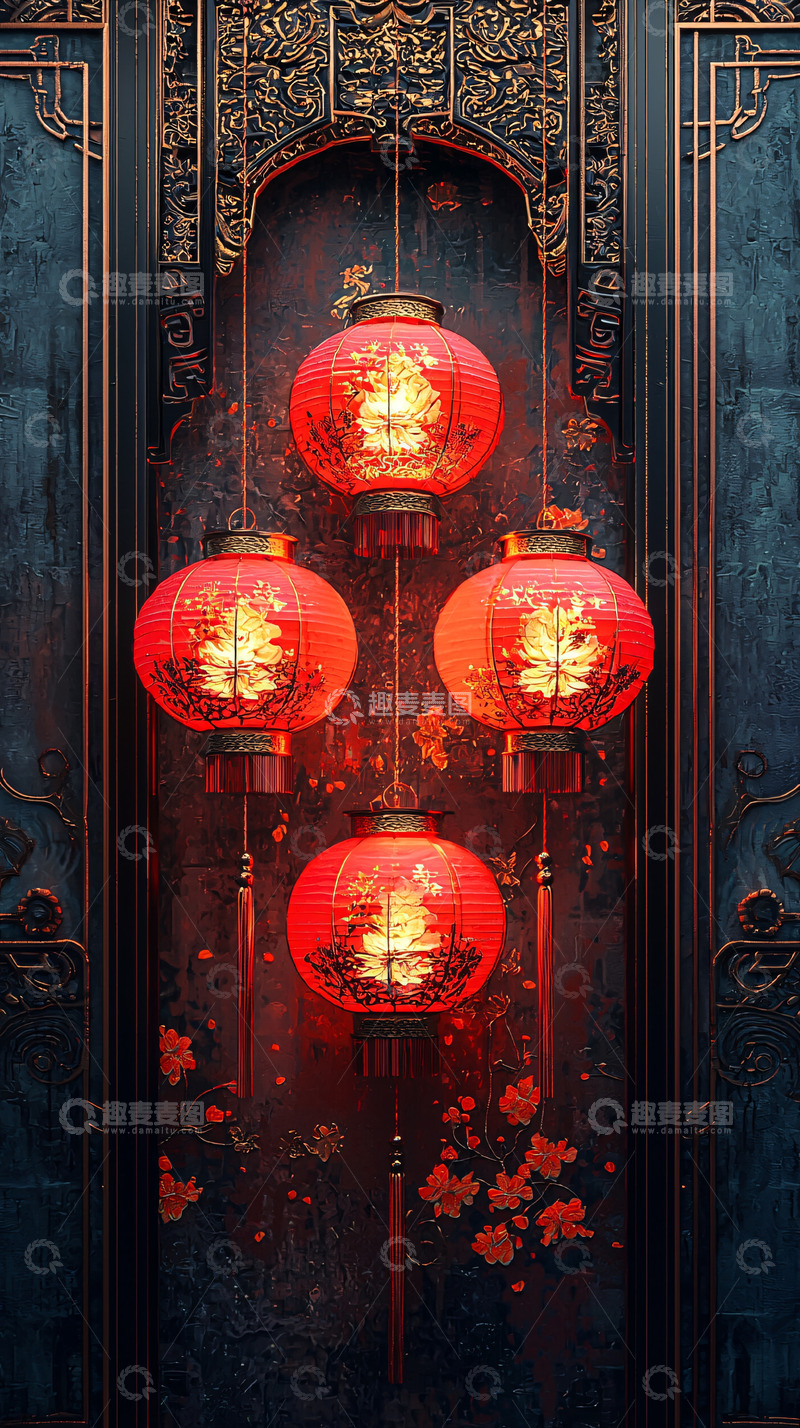 高清大图下载【趣麦麦图】红灯笼挂在古朴的墙上