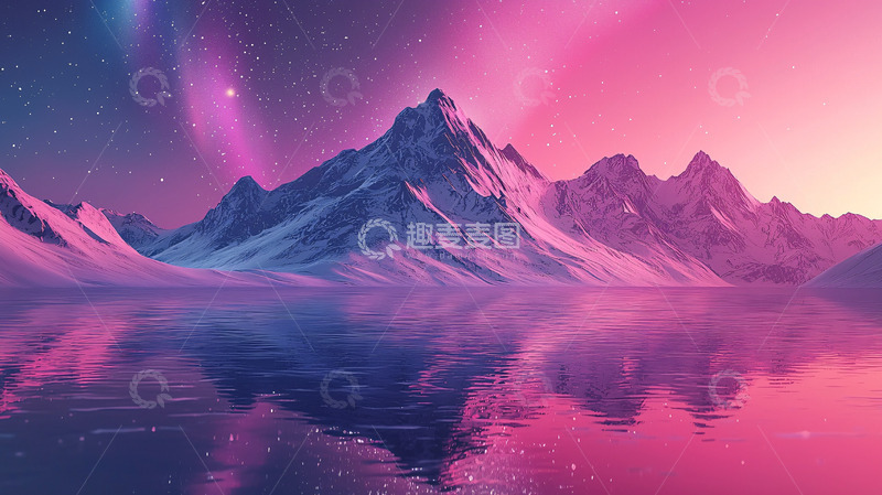 高清大图下载【趣麦麦图】粉色极光下的雪山