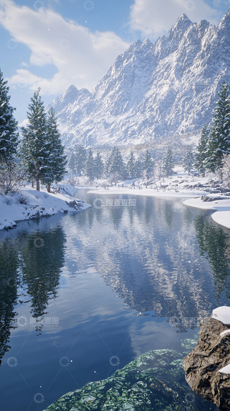 高清大图下载【趣麦麦图】雪山河流森林倒影