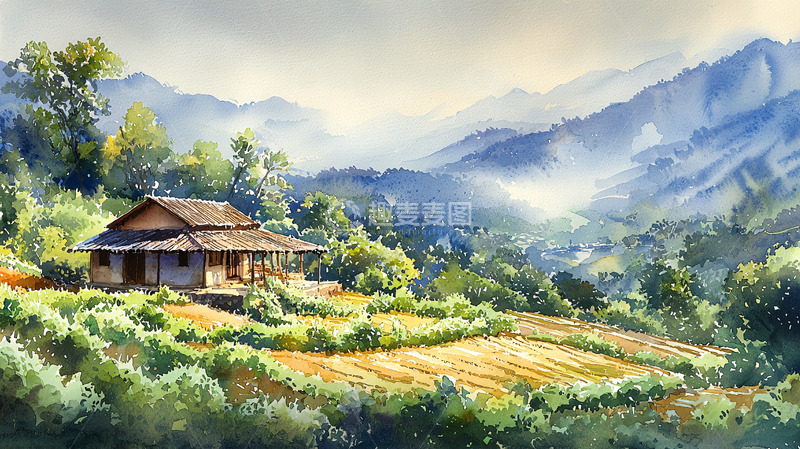 高清大图下载【趣麦麦图】山间小屋水彩画