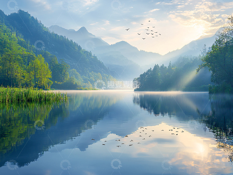 高清大图下载【趣麦麦图】清晨湖泊山峦倒影