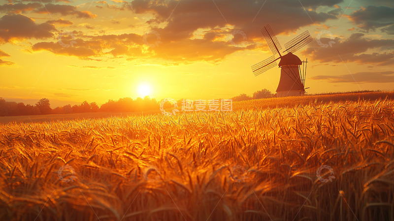 高清大图下载【趣麦麦图】夕阳下的金黄麦田风车