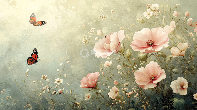 高清大图下载【趣麦麦图】粉色花朵蝴蝶油画