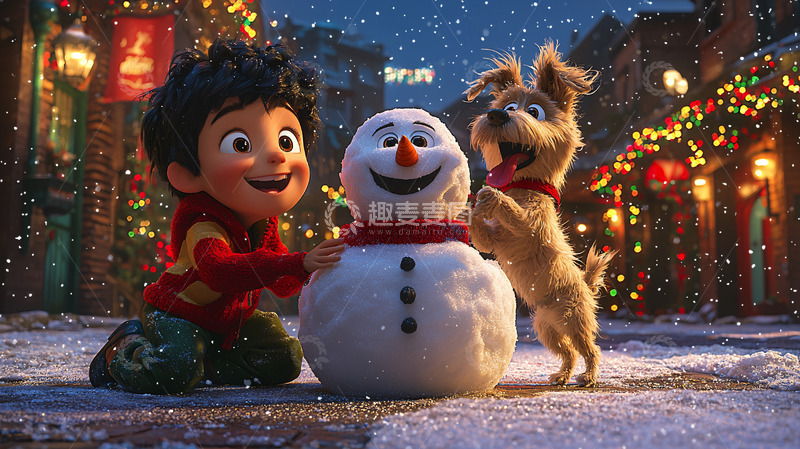 高清大图下载【趣麦麦图】男孩堆雪人