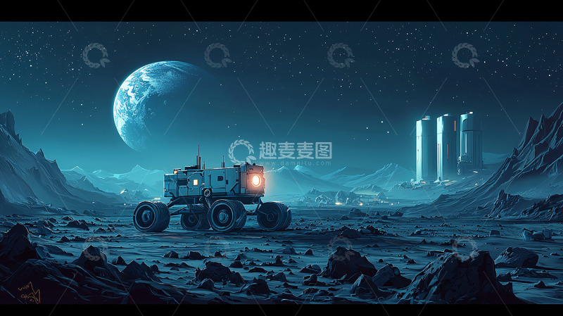 高清大图下载【趣麦麦图】月球探测车夜间场景