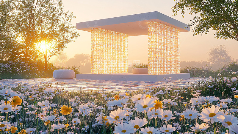 高清大图下载【趣麦麦图】日落花园里的现代亭子