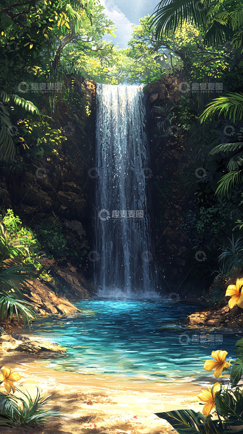 高清大图下载【趣麦麦图】热带雨林中的瀑布