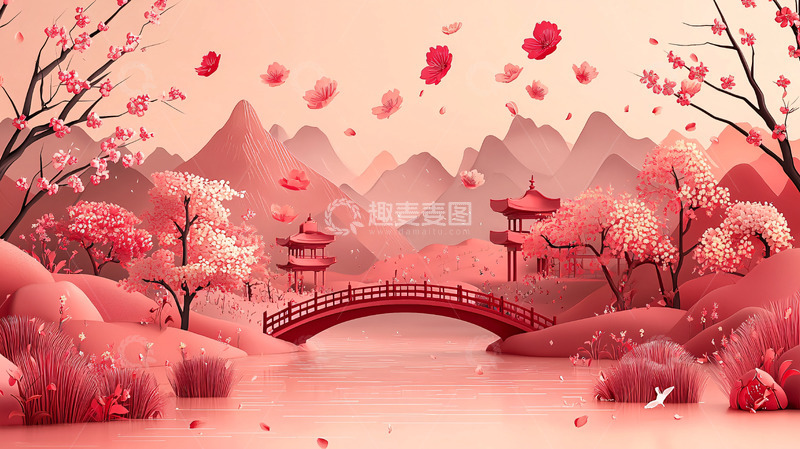 高清大图下载【趣麦麦图】粉色中国风水墨画