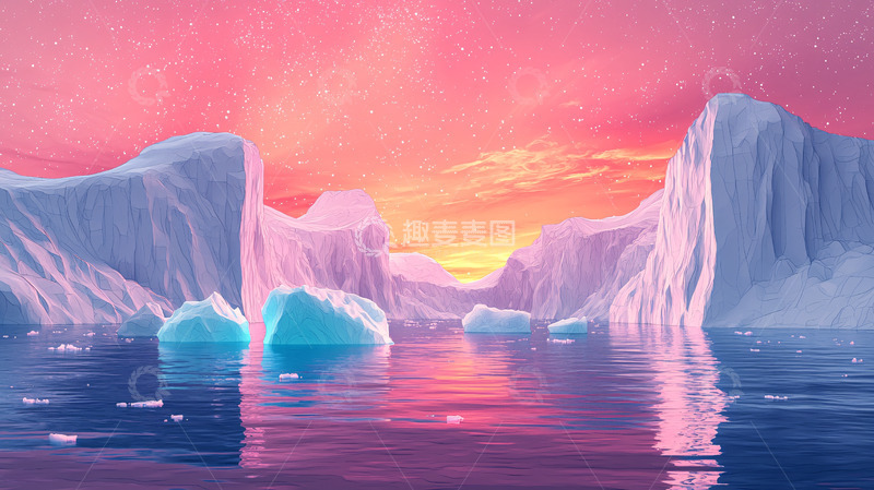 高清大图下载【趣麦麦图】粉色天空下的冰山