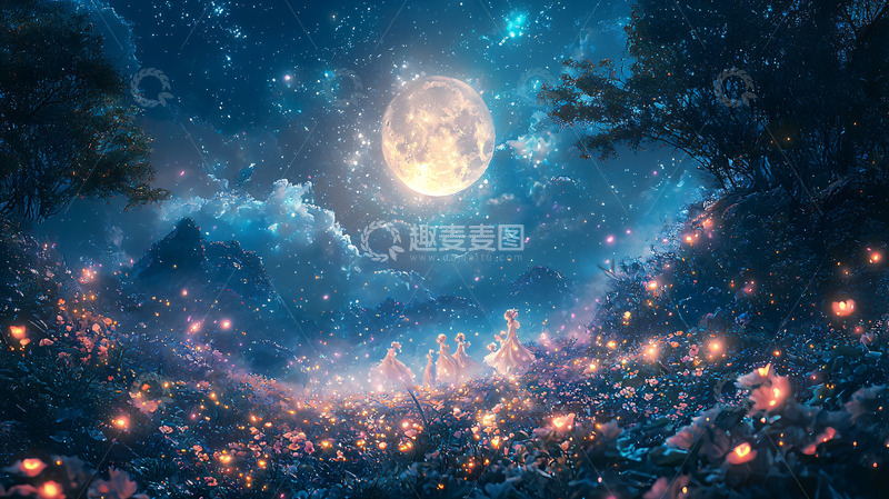 高清大图下载【趣麦麦图】梦幻星空下的萤火之夜
